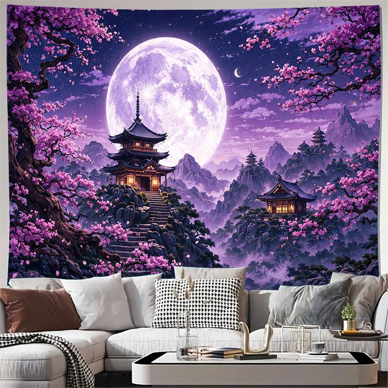Japanese Moonlight Sakura Pagoda Mountain Landscape Wall Tapestry Machine Washable All Season Print Oriental Fantasy Design Home