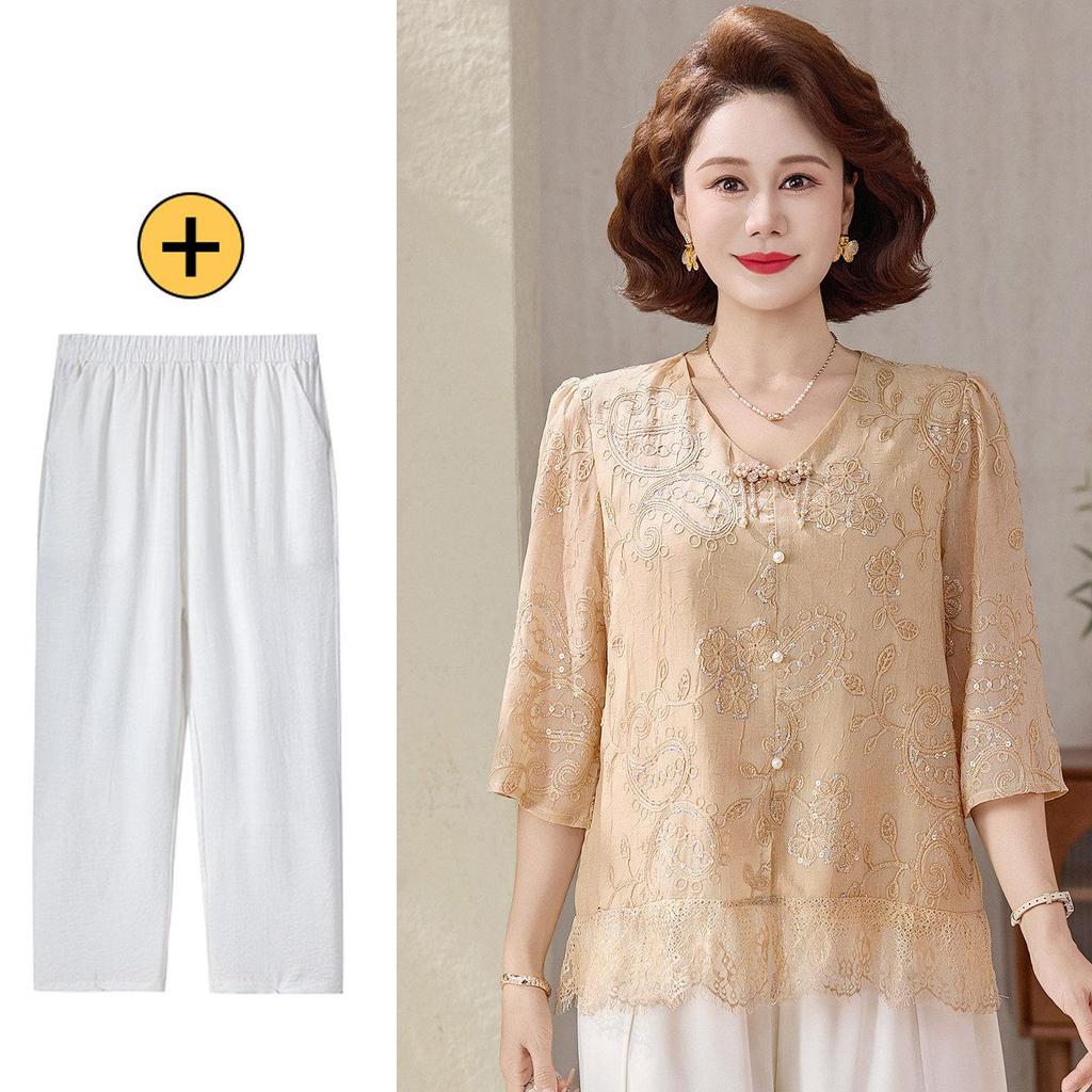 New Summer Chiffon Blouse Set for Middle-Aged and Elderly Women – Perfect Mother's Day Gift