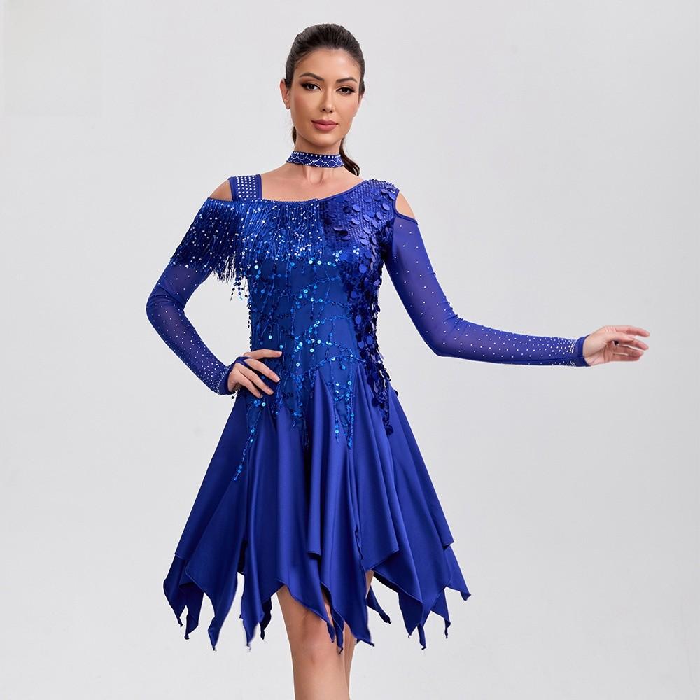 Vestido de Danza Latina Disfraz de Actuación Con Lentejuelas Manga Larga Flecos Para Mujer