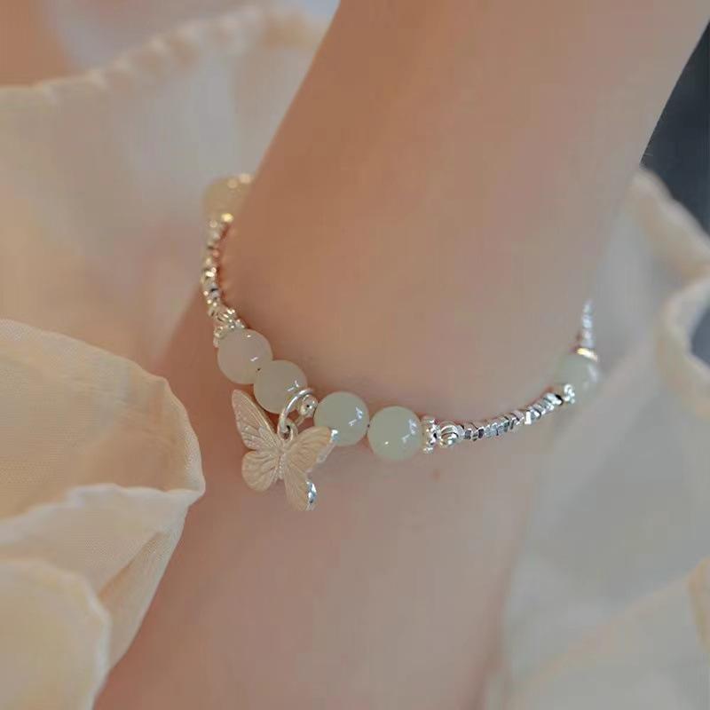 Hetian Jade & Silver Butterfly Bracelet - Exquisite Chinese Style Summer Accessory with Lucky Beads for Women