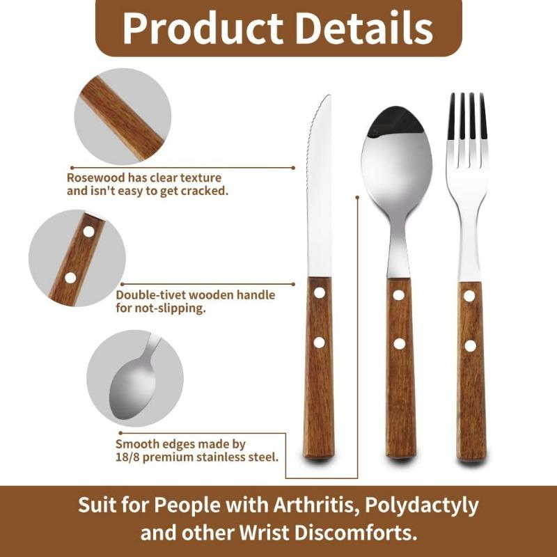4-Piece Wood Flatware Set Premium 18/8 (304) Stainless Steel Cutlery Set Wooden Dinner Knife Dinner Fork DinnerSpoon Set
