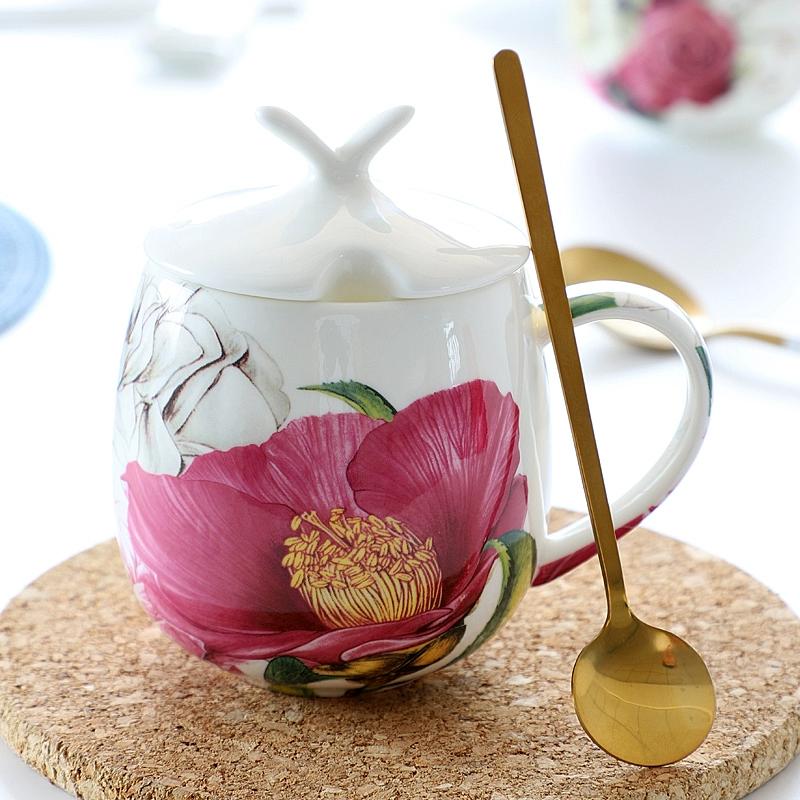 Hrnek z kostního porcelánu s víčkem a lžičkou, hrnek s velkým bříškem, 3 styly, keramický hrnek, roztomilé květinové hrnky, šálek na kávu 450 ml