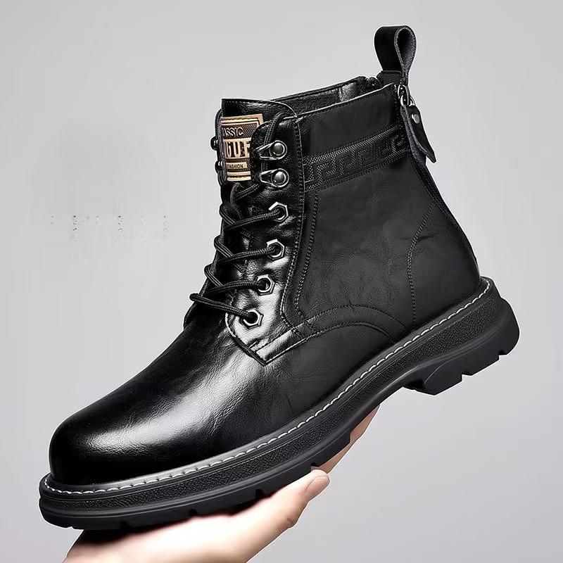 

Men High Top Boots High Quality Casual Leather Booties Classic Side Zip Ankle Boots Plush Warm Winter Boots for Men Cotton Shoes 38 чорний