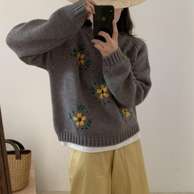 Autumn/Winter Yellow Floral 3D Embroidered Pullover Sweater - Women’s Lazy Style Knitwear
