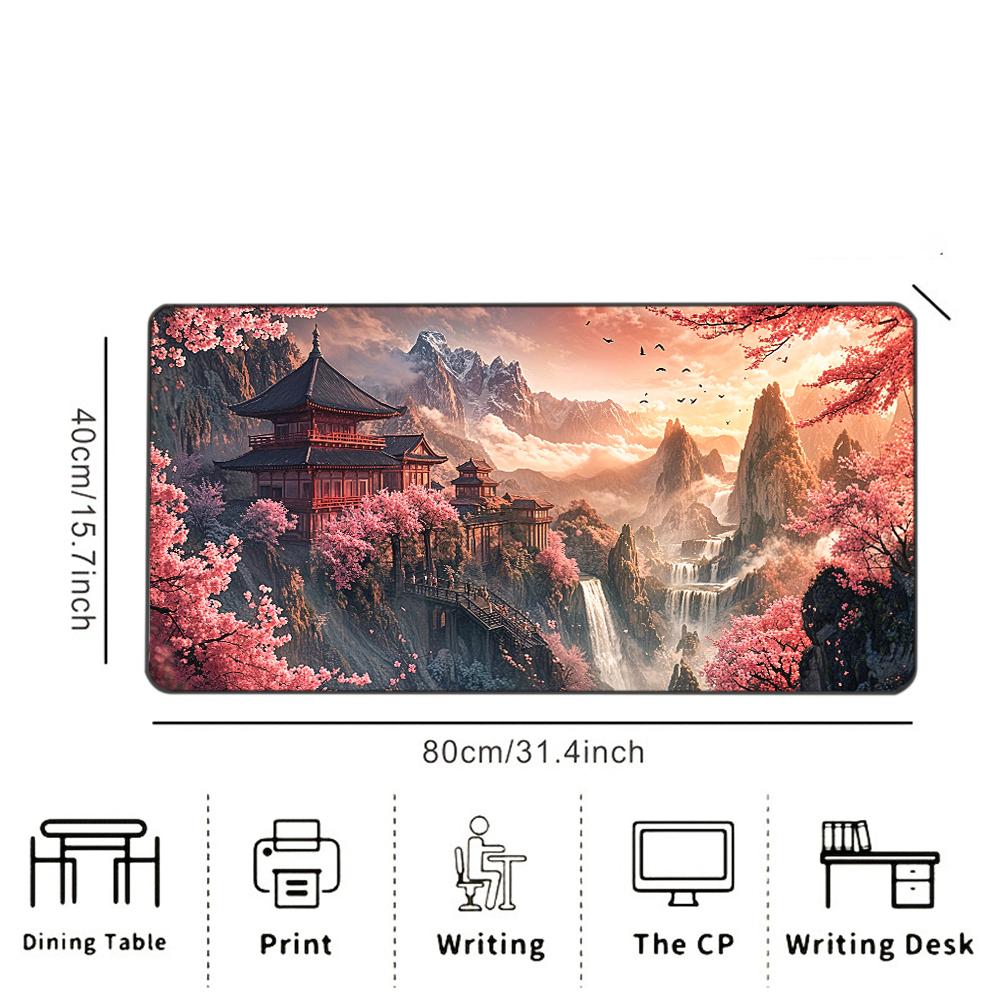 Sakura Mountain Pagoda Printed Desk Pad Extra Large Soft Rubber Mouse Pad Serene Aesthetic Gaming Keyboard Mat Multi-Size