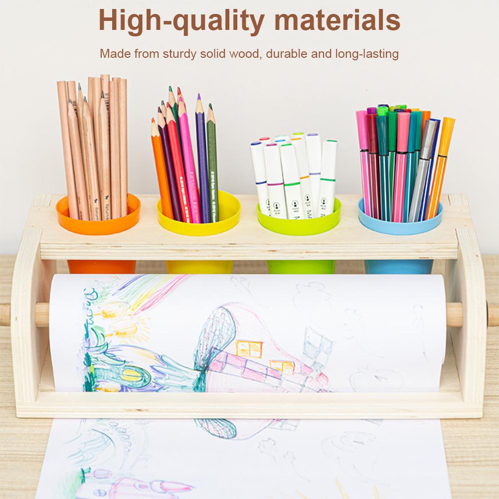 Wooden Tabletop Paper Roll Dispenser with Paper Roll&Pencil Cups Craft Paper Roll Holder Paper Roll Easel for Kids Desktop Easel