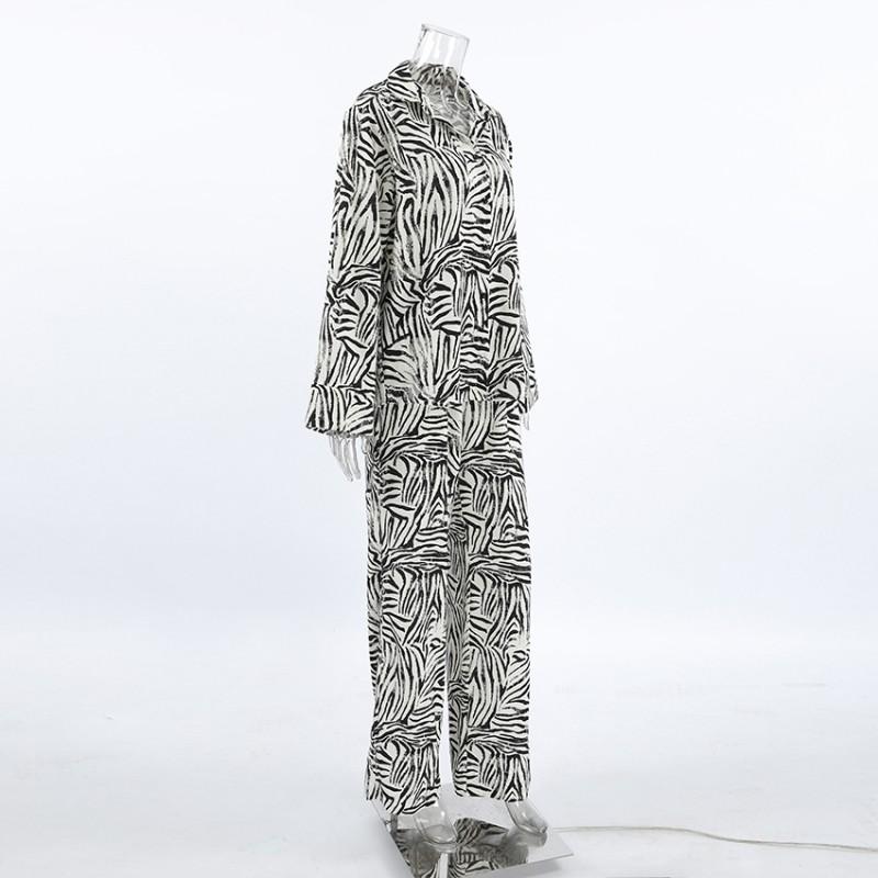 Womens Zebra Print Casual Streetwear Two-Piece Set Loose Fit Long Sleeve Top Straight Leg Pants