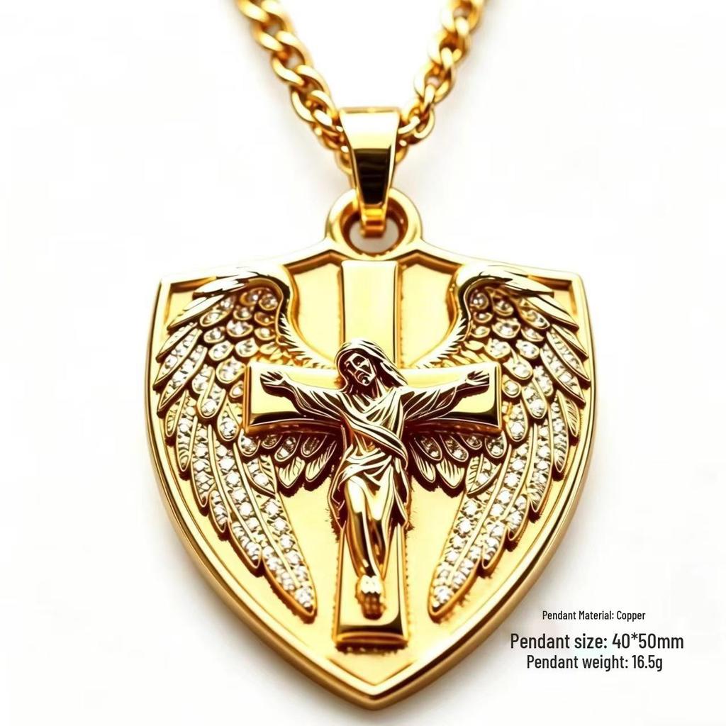 European & American Rhinestone Angel Wing Shield Pendant Hip Hop Necklace Jewelry