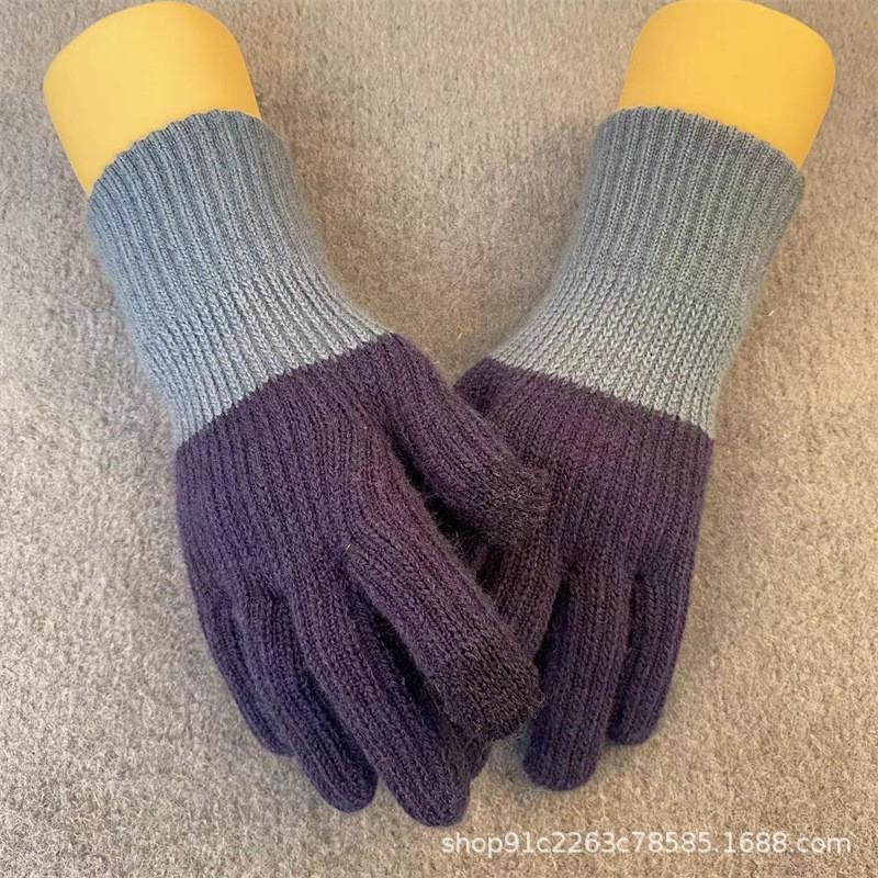 Warm Knitted Touchscreen Gloves Winter Thick Fleece Lined Color Block Design Unisex Full Finger