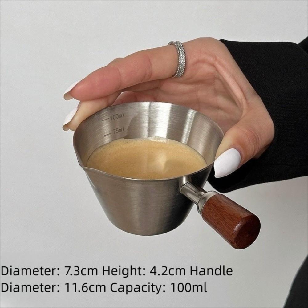 Gifts 100ML Italian Espresso Measuring Cup Stainless Steel Wooden Handle Small Milk Cups with Scale Kitchen Coffee Accessories