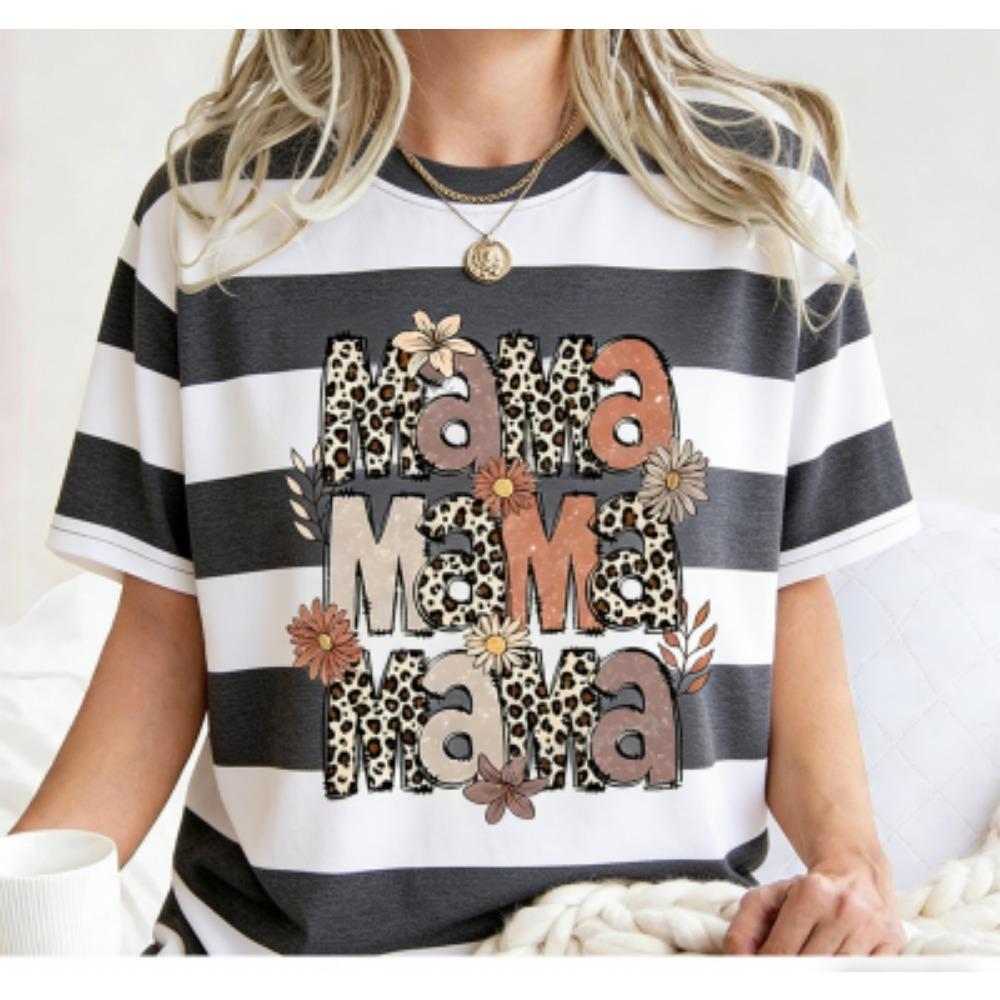Funny Grid Stripe Leopard Mama Print Women's Short Sleeves T-Shirt Loose Casual Summer Outdoor Street Women's Tees Tops