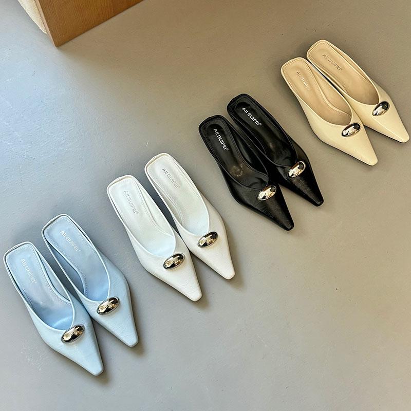 Fashion New Fashion Metal Women Heeled Slippers Sandals Shoes Female Mules Summer Beach Pointed Toe Ladies Flats Slippers Shoes Slides