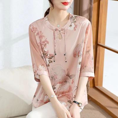 Dames Knoop Zomer Korte Mouw Zijden Blouse Dames Elegante Losse Top Bloem Retro Print T-shirt Plus Size Shirt Tops