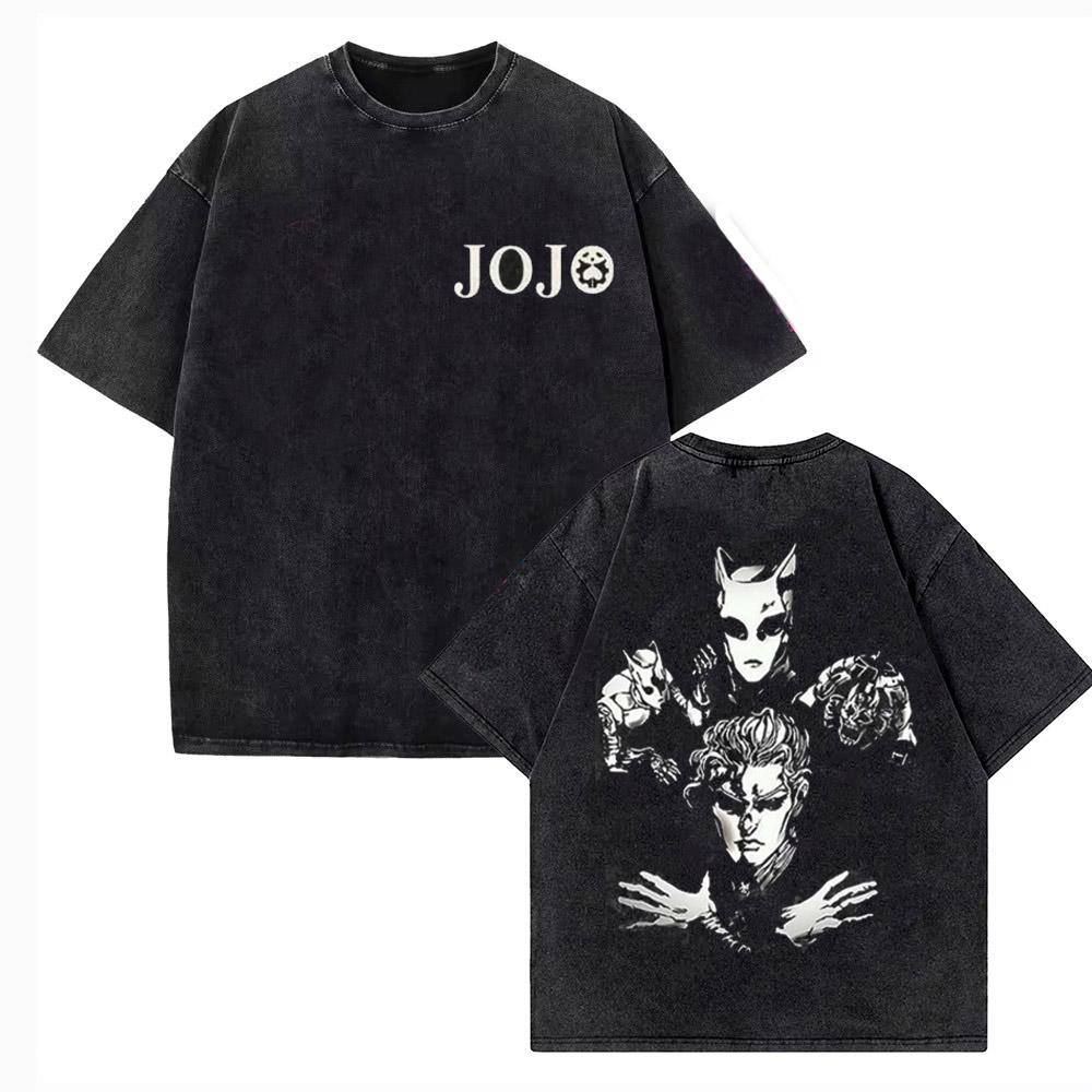 Retro Washed Men's JoJo's Bizarre Adventure Anime Print Cotton Casual Short-Sleeve T-Shirt