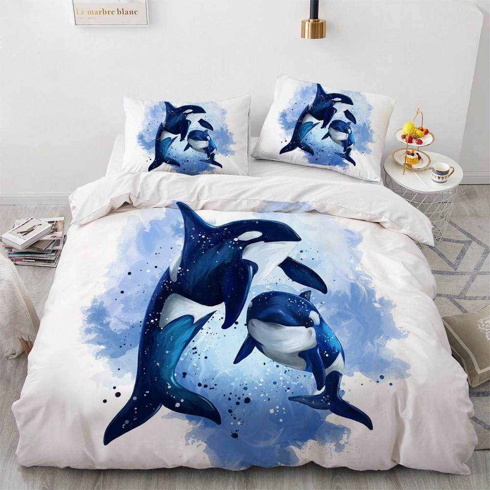 Dolphin Ocean King Queen Duvet Cover Cute 3D Sea Animal Bedding Set For Kids Teens Adults Shoal Of Fish Blue 2/3pcs Quilt Cover