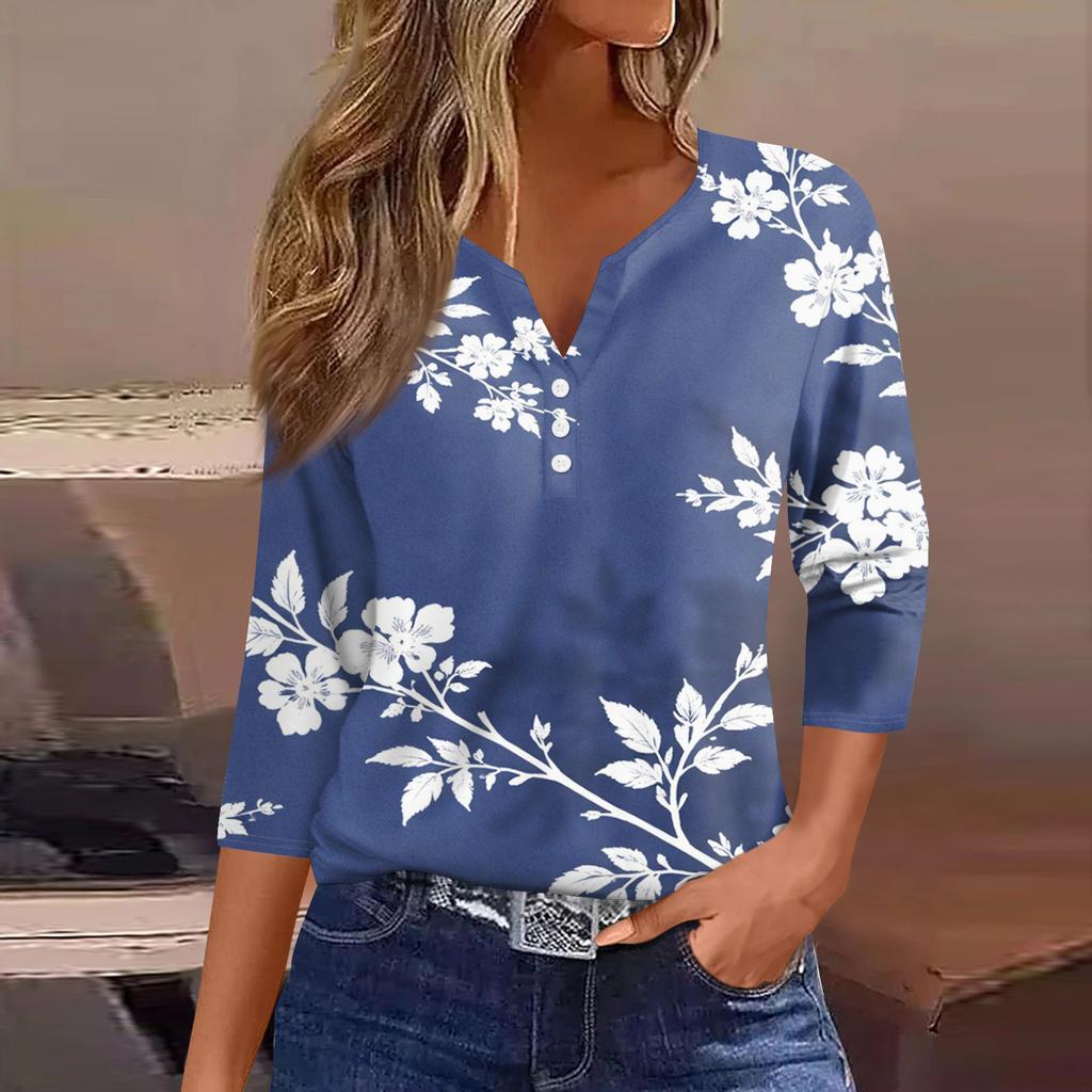 Women's T Shirt Tee Printed Button Short Sleeve Tunic Daily Weekend Fashion Basic V- Neck Regular Top