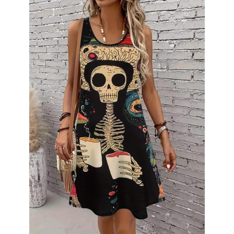 Women'S Gothic Punk Floral Skull Graphic Print Sleeveless Midi Dress Casual Black A-Line Tank Dresses Woman Summer