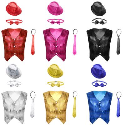 Unisex Kids Shiny Sequin Vest Waistcoat Performance Set Hat Bowtie Necktie Jazz Dance Stage Costume