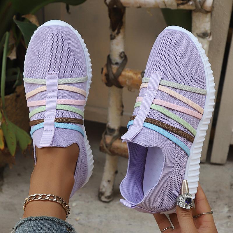 Fashion Color Band Breathable Mesh Flats Women 2025 Plus Size 36-43 Soft Sole Casual Sneakers Woman Slip On Thick Sole Walking Shoes