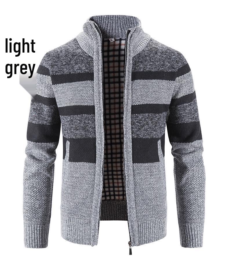 2024 Men's Stand Collar Color Block Plus Velvet Thick Sweater Jacket, Autumn/Winter Collection