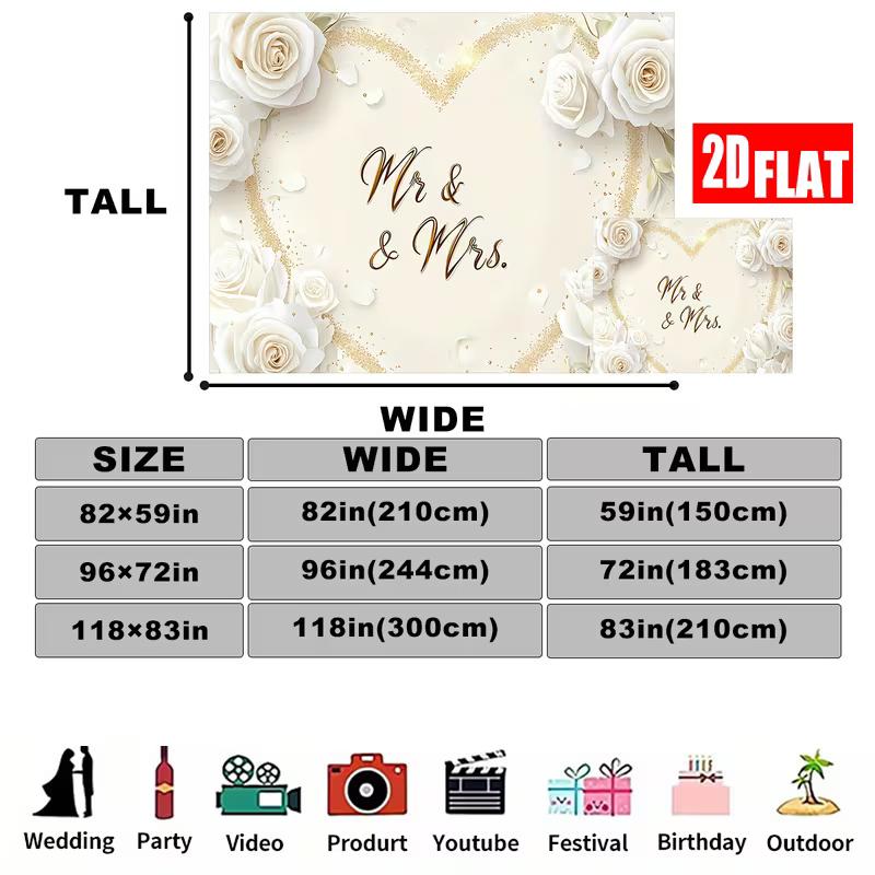 2D Flat Printing Mr & Mrs White Rose Background Cloth for Wedding