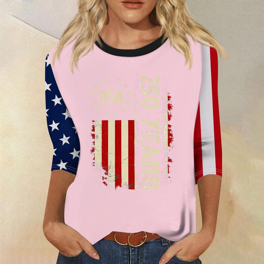 Women's Fashion Casual Seven-Sleeve Independence Day Print Round Neck Top