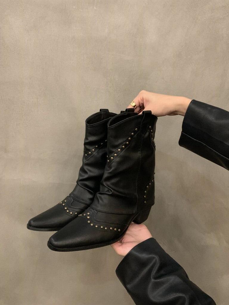 Retro Rivet Short Pant Boots French Women's Boots Versatile Western Cowboy Boots Knight Boots Small Short Boots
