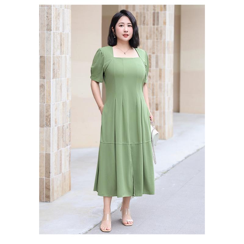 Plus Size Women's Summer Square Neck Simple Split Slim Medium Long Dress