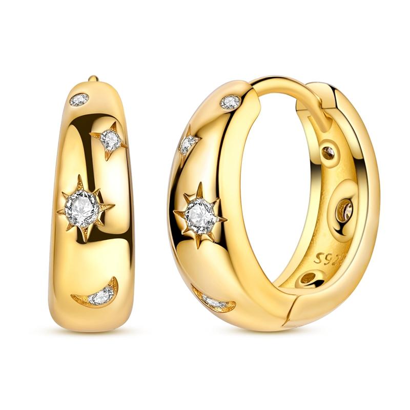 925 Sterling Silver Earrings Women Sparkling Gold Sun Moon and Stars Hoop Earring For Anniversary Wedding Jewelry Gifts