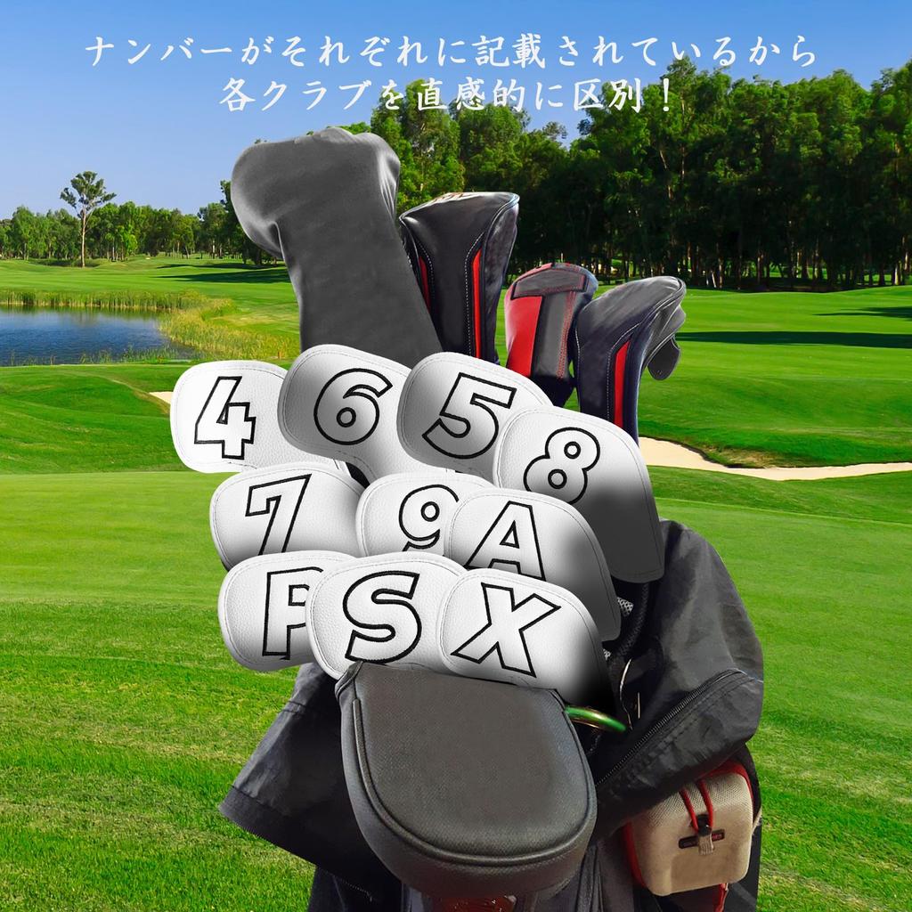 FINGER TEN Golf Iron Magnetic Wedge Premium PU Number Embroidery Covers, 10-Piece Set, Closure, Cover, Leather, Water-Repellent, Dustproof,