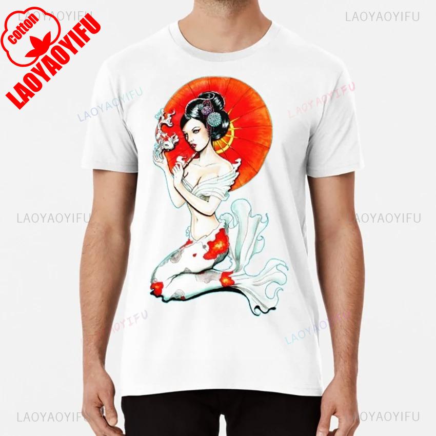 Японский Карп Гейша Карп Татуировка Зонтик Русалка Подводный Кимоно Пин-ап Традиционная Татуировка Футболка Мужская Хлопковая Одежда S