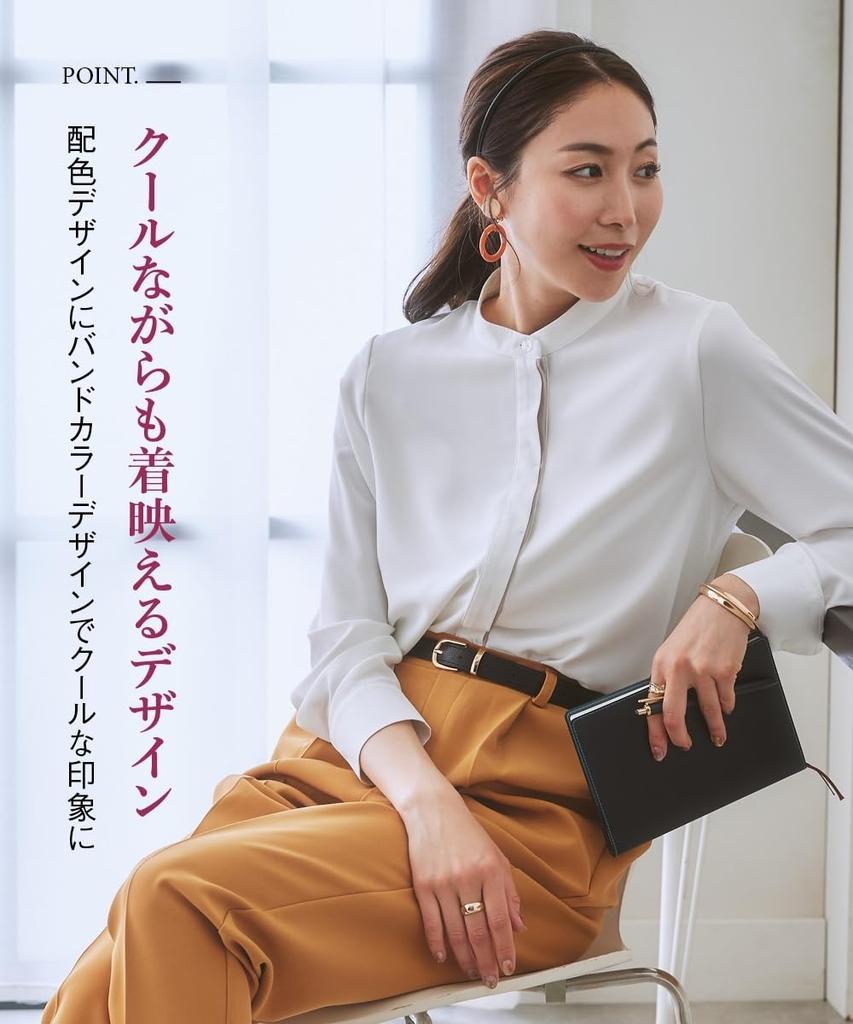 Stretch Powder Satin Blouse Machine UV Available in Plus x Size S [Nissen] Shirt/Blouse Color-Block (Wrinkle-Resistant, Quick-Drying, Washable,