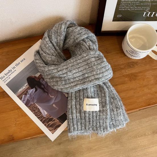 Korean cotton knitted wool scarf women's autumn and winter atmosphere white thickened warm solid color scarf