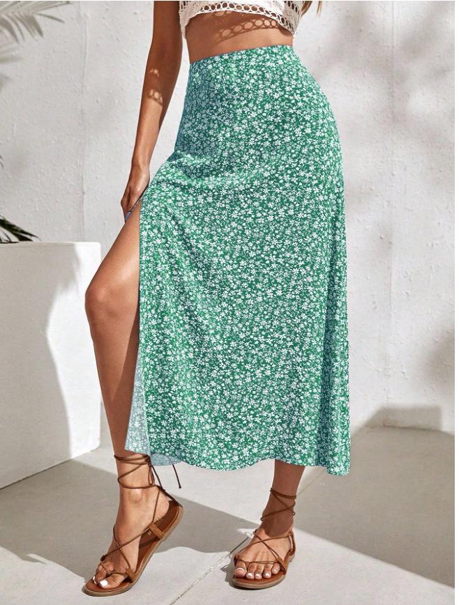 Spring-Summer Women's Floral Elastic Waist Slit Midi Skirt