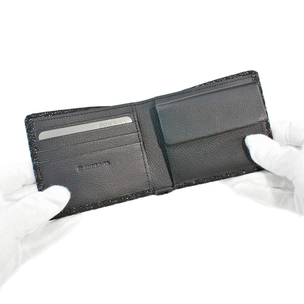 [Inden-ya] Inden Bifold Wallet with Bill Compartment and Coin Purse, Deerskin, Black with Black Lacquer, Small Ring Pattern, 2006-01-177