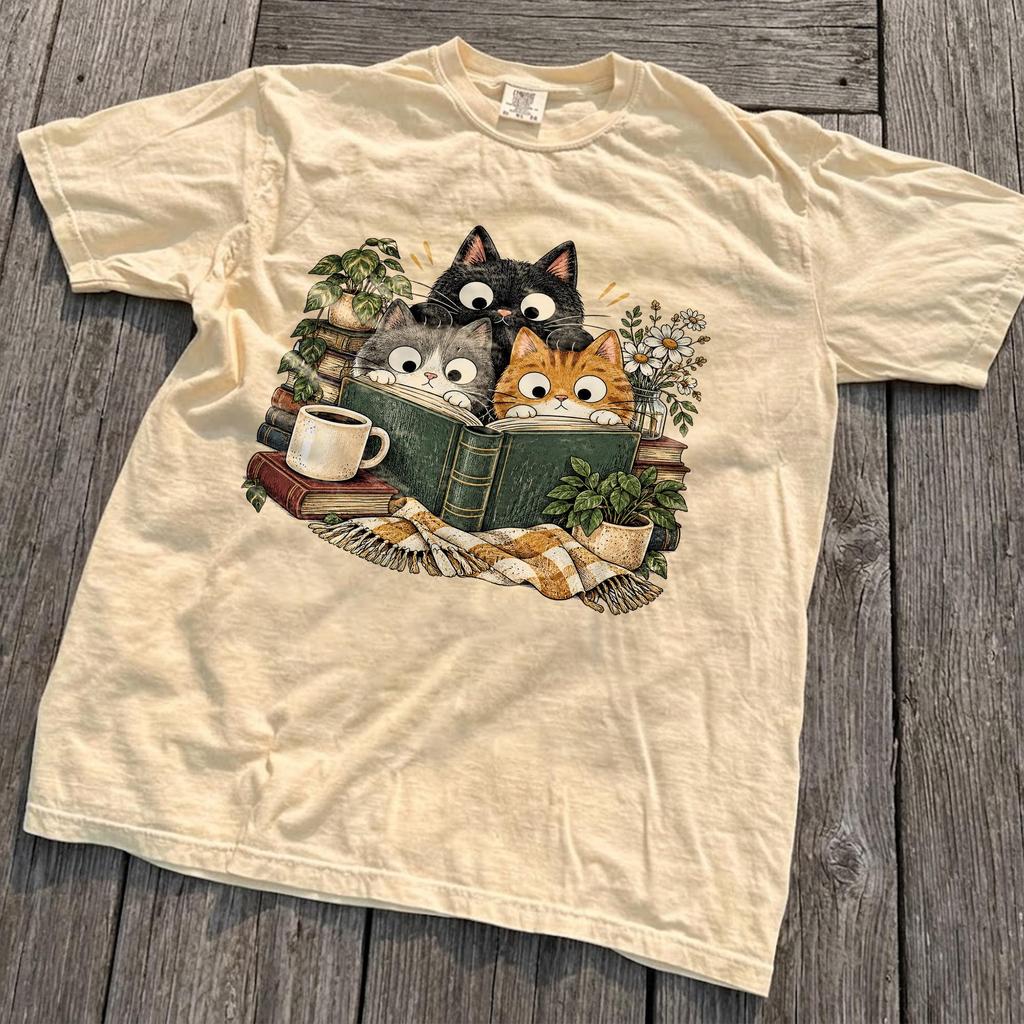 Retro Curious Reading Cats Graphic T-Shirt, Comfort Colors® Book Lover Cat Tee, Cozy Cottagecore Vintage Top, Bookish Reader Gift For Women