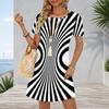 Women Plus Size Round Neck Short Sleeve Black White Printed A Line Dress