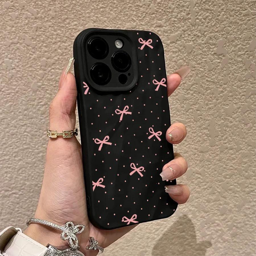 

Coquette Pink Bow Polka Dot Phone Case for iPhone 15 14 13 Pro Max - Cute White Soft Silicone Shockproof Aesthetic Cover GALAXYS24 чёрный