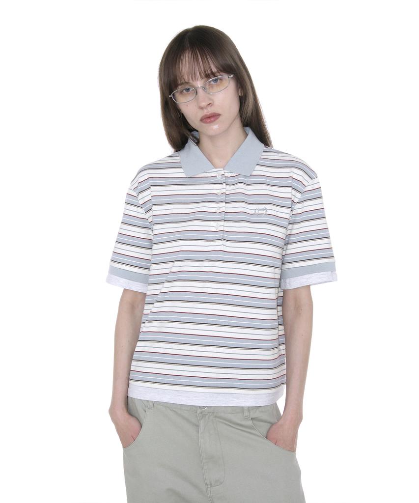 PARTIMENTO WOMEN Double Layered Stripe Polo Tee_Sky