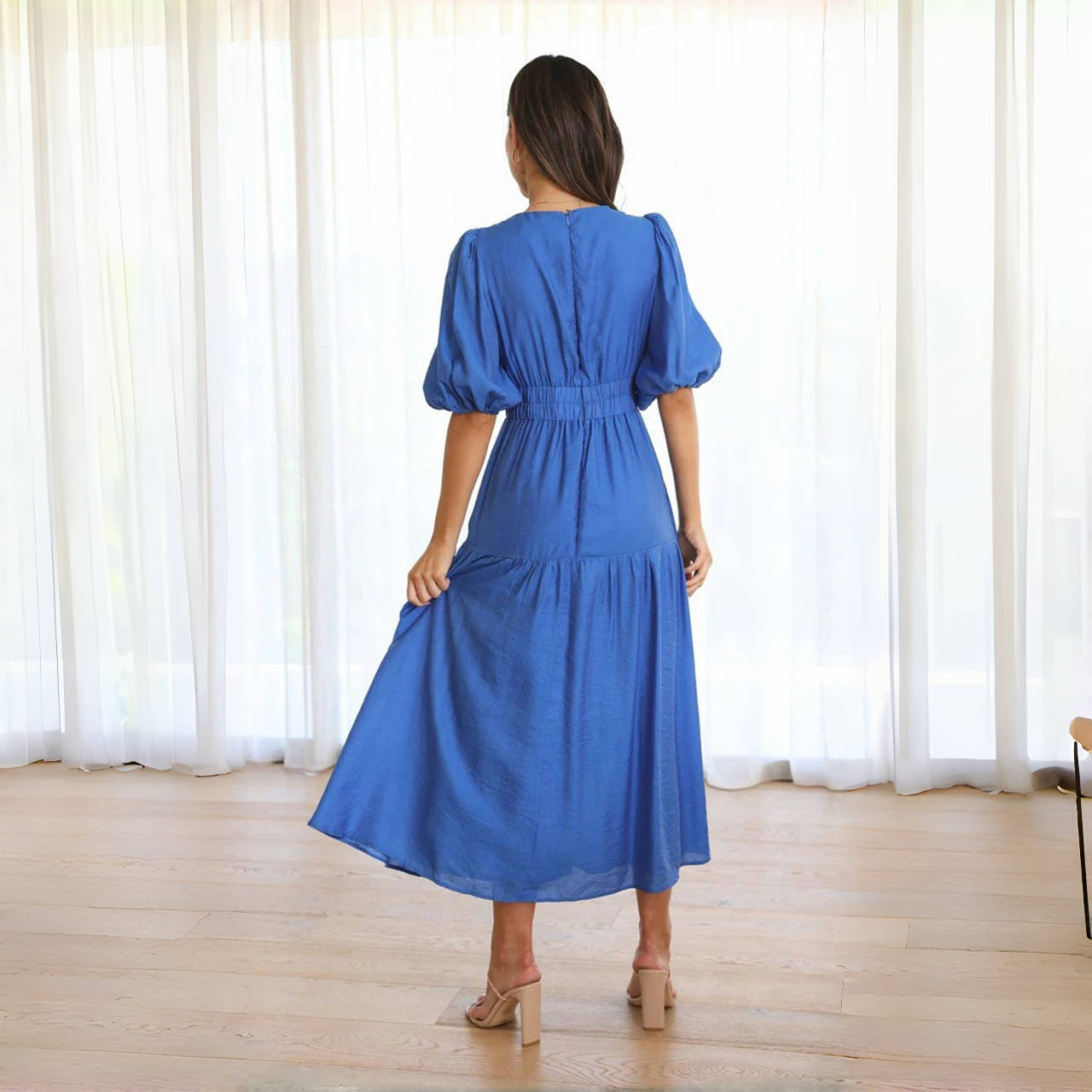 

LYRIA Fashion Женское винтажное платье с рукавами-фонариками и оборками, повседневное платье с V-образным вырезом и завышенной талией, сексуальное, для вечеринки, миди, пляжные платья XL