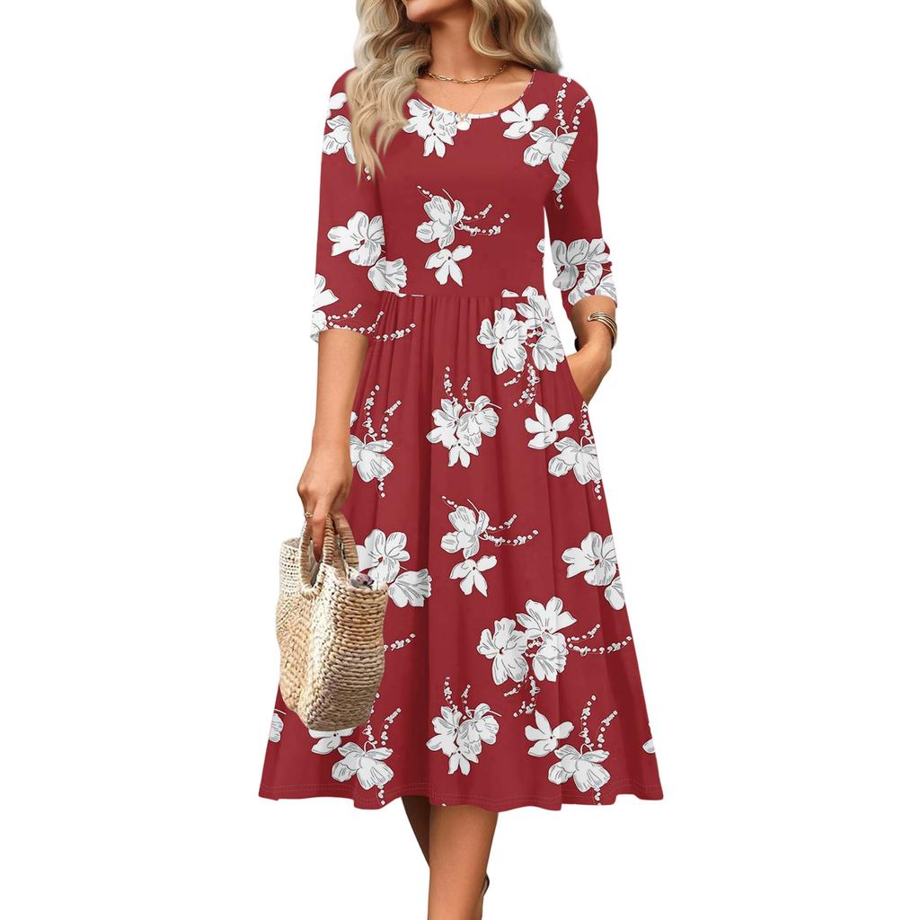 Dámské šaty s 3/4 rukávem, ležérní, splývavé, áčkového střihu, midi tričkové šaty s kapsami, kulatý výstřih, na dovolenou, boho, plážové letní šaty