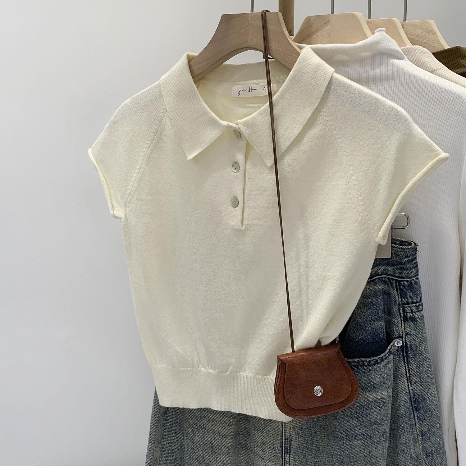 Vintage-Style Blue Knit Polo Collar Women s Short Sleeve Button-Up Top Large абрикосовый