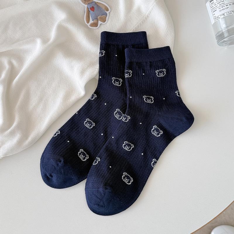 

White Sock - Summer Lightweight Ankle-length Cotton Socks Featuring Cute Little Bear Pattern, with Mesh Ventilation and No Bones. 1 pair