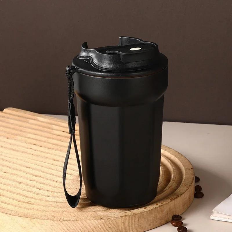 Portable Coffee Cup Double Layer Stainless Steel Thermos Cups with Rope Pure Color Leak-Proof Outdoor Travel Office Water Bottle