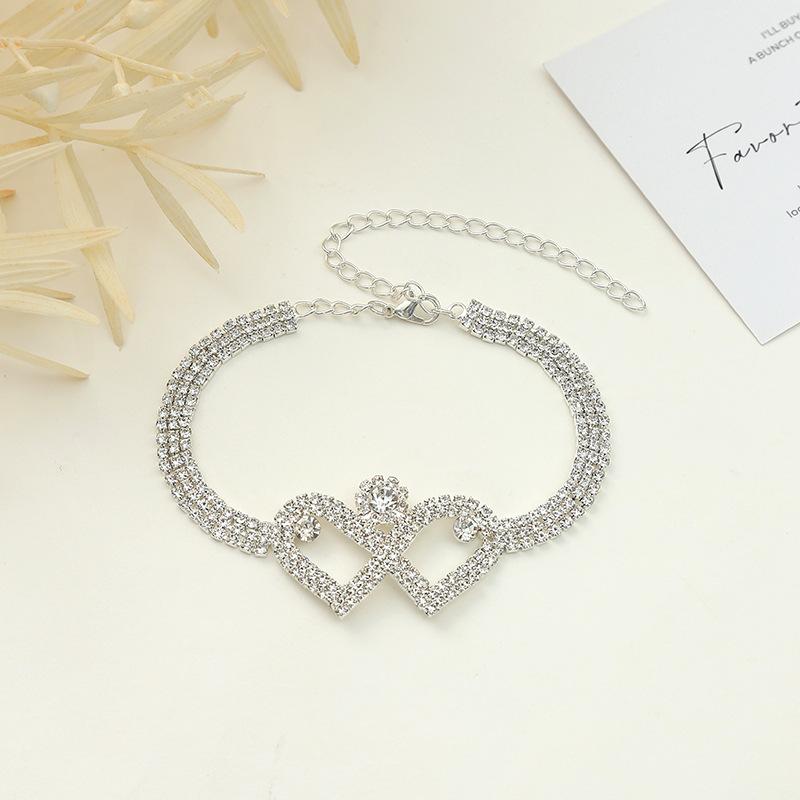 Fashion Silver Color Zirconia Anklet Double Heart Personalized Sparkling Women's Birthday Party Jewelry Accessories Gifts