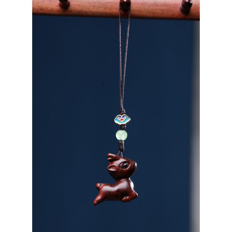 Green & Purple Sandalwood Ebony Fawn Carving Pendant: Wallet & Phone Ornament