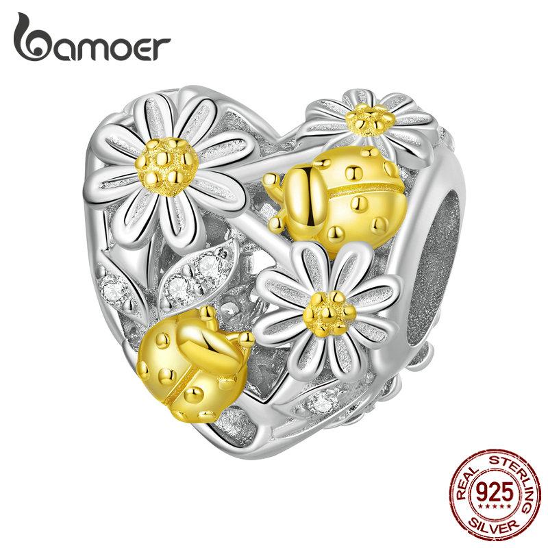 

BAMOER стерлингового серебра 925 пробы, бусины в виде ромашки, подвески в форме подсолнуха для женщин, браслет и ожерелье, ювелирные изделия своими руками B