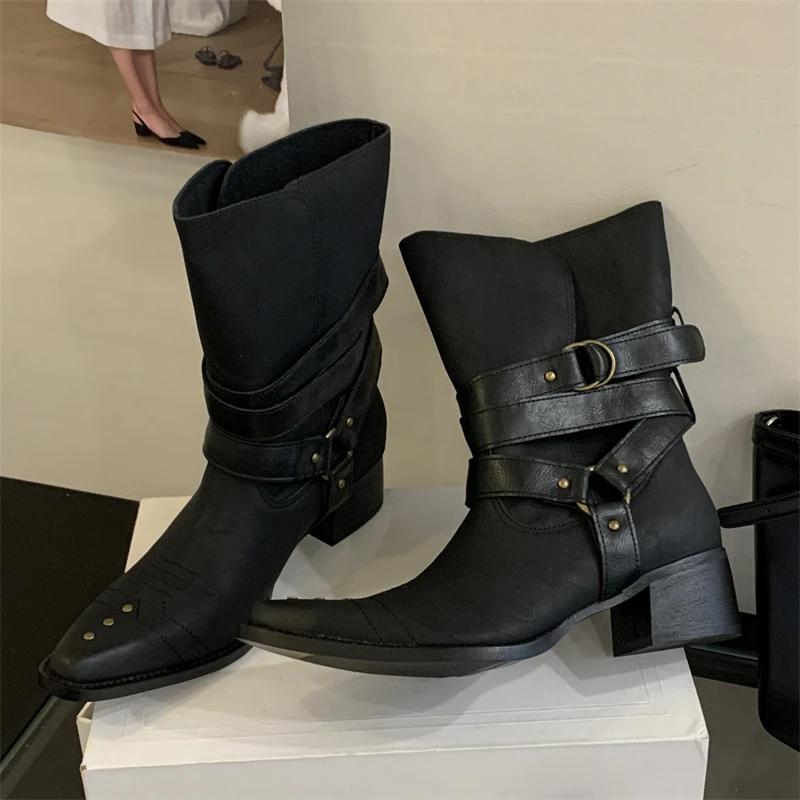 Fashion Sexy Pointed Toe Cowboy Ankle Boots Women Square Heels Goth Short Booties Autumn Winter Street Style Buckle Strap Botas Mujer