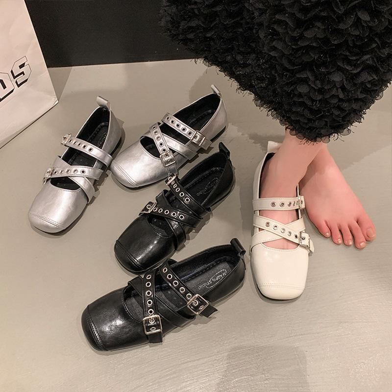 Fashion Retro Ballet Shoes Women's 2025 Summer Cross-buckle Shallow Mouth Square Head Single Shoes Versatile Flat Mary Jane Shoes