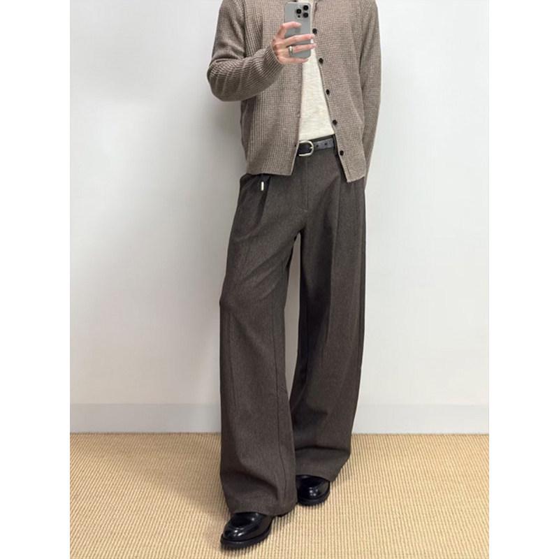 Men's Classic Double-Pleat Wide Leg Trousers - Spring/Autumn Collection with High-End Draping and Curved Loose Fit